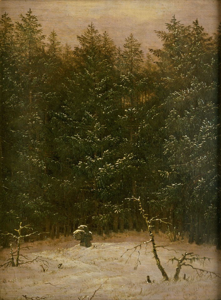 Carl Gustav Carus, Verschneiter Wald mit Steinkreuz