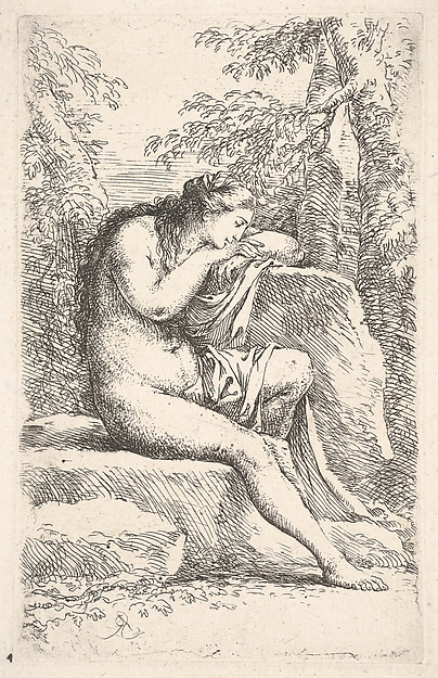 Salvator Rosa, A semi-nude woman seated, resting her head on a rock, from "Figurine"