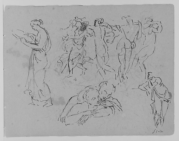 Thomas Sully, Sketches of Two Women, a Man Fighting a Beast, Two Furniture Fragments (from Sketchbook)