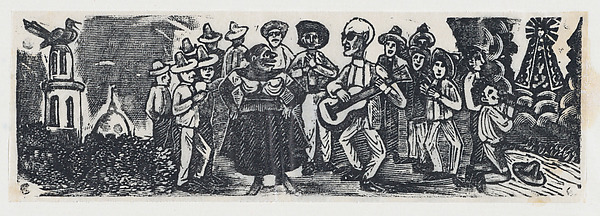 José Guadalupe Posada, A man playing a guitar serenading a woman, figures surround