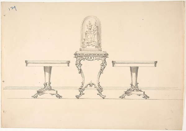 Anonymous, British, 19th century, Design for Two Round Pedestal Tables and Square Rococo-style Table Supporting a Clock under Glass