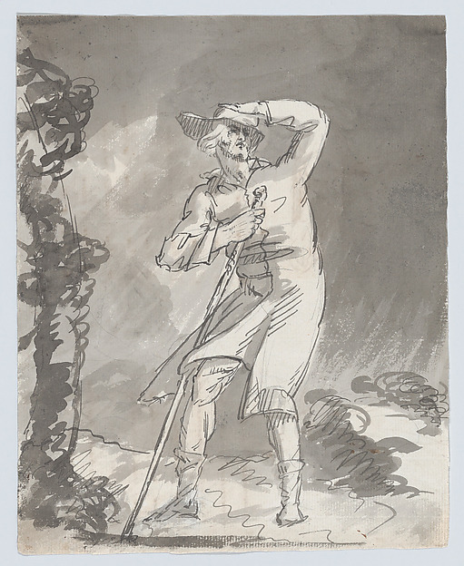 William Hamilton, Male with a staff in a storm (recto). Anatomical studies of a foot (verso)