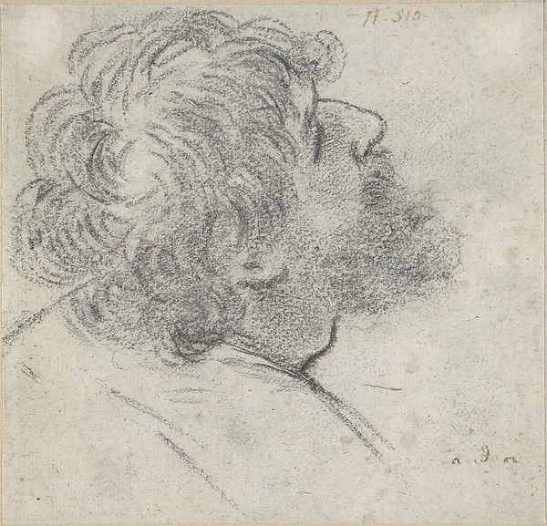 Giacomo Cavedone, Head of a Bearded Man Looking to Upper Right (recto); Head of an Old Man and a Drapery Study (verso)