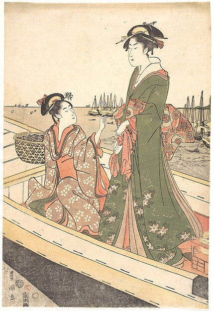 Utagawa Toyokuni I, Two Women in a Boat; One  Holding a Basket of Mussels