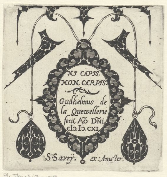 Quewellerie, Guillaume de la, (active 1610-1635), (printmaker), Jewelry designs in blackwork: Title plate