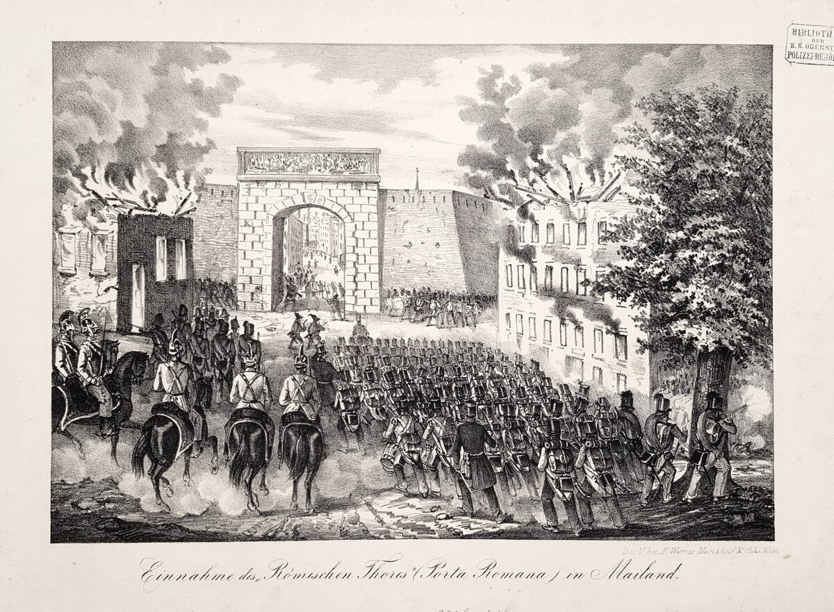 Anonym, "Einnahme des 'Römischen Thores' (Porta Romana) in Mailand."