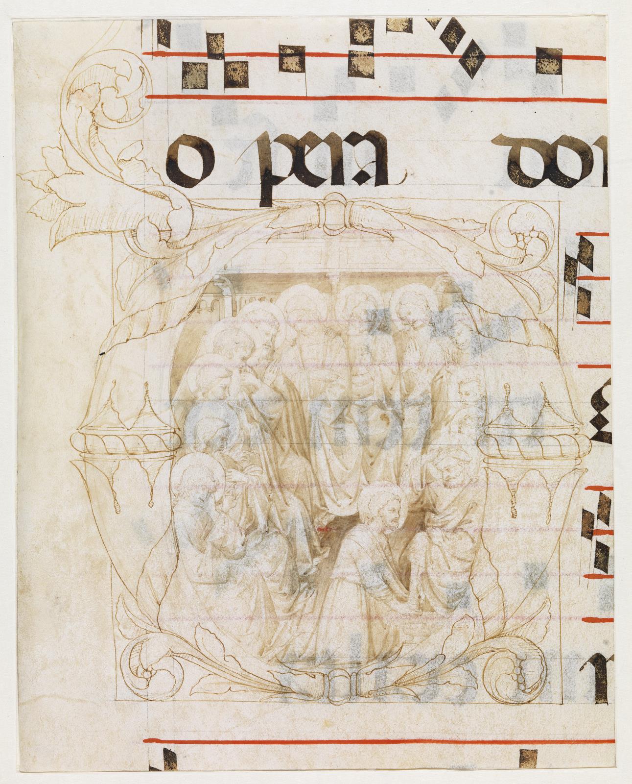 Lorenzo Monaco, Kristus, der vasker apostlenes fødder i initialet D (Johs. 13.3-9), tekstfragmenter og noder
