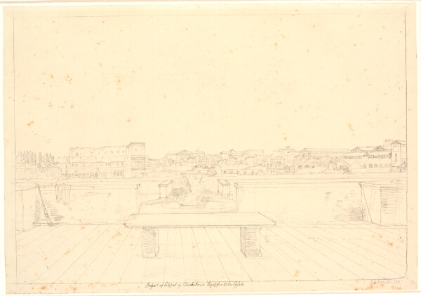 C.W. Eckersberg, Udsigt fra den nu nedrevne Villa Casalis øvre terrasse mod Colosseum og Monte Esquilino, i baggrunden Quirinalet, Rom