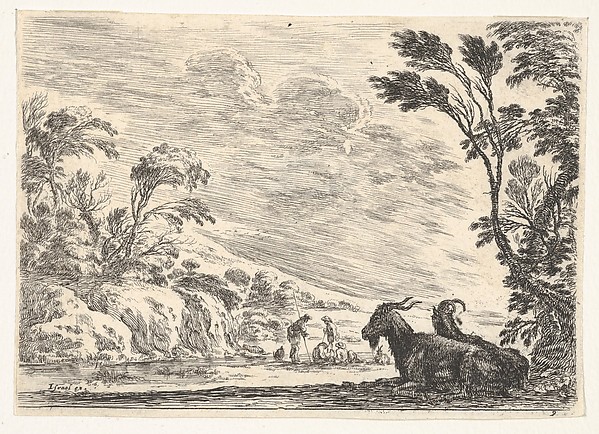 Stefano della Bella, Plate 9: Two goats resting to right, turned towards the left, four men and a horse in a river in the background, from "Various Figures" (Agréable diversité de figures)