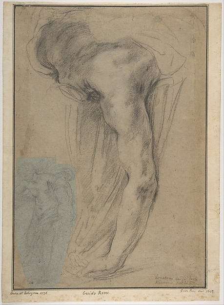 Guido Reni, The Reclining Headless Body of Holofernes; Study of Female Semi-Nude Figure (on a small separate, unrelated sheet of blue paper, pasted onto the lower left of the large sheet)