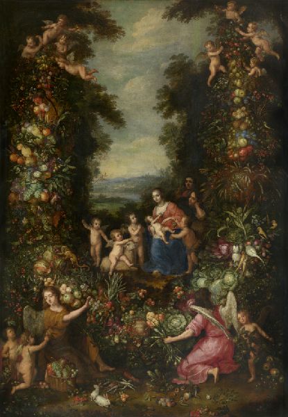 Pieter van Avont, The Holy Family with the Infant Saint John the Baptist surrounded by a Garland of Flowers, Vegetables and Fruit