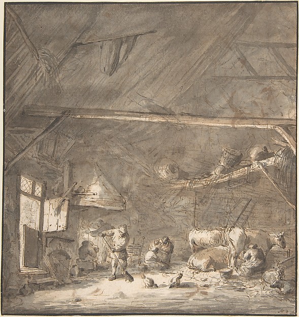 Isaac van Ostade, Barn Interior with Peasants and Cows (recto); Six Studies of Peasants (verso)