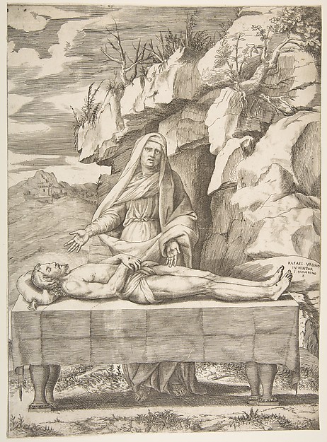 Giulio Bonasone, Pietà, Christ stretched out on a table in a landscape, the Virgin standing behind arms open