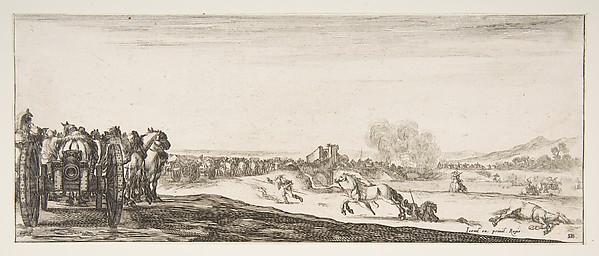 Stefano della Bella, A procession of horse-drawn cannon carriages to left, horsemen in combat and a dead horse to right, battle on a bridge in center background, from "Peace and War" (Divers desseins tant pour la paix que pour la guerre)