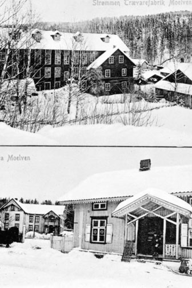Anno Domkirkeodden, 2 delt postkort fra Moelv som viser eksteriør Strømmen trevare, Strømmen Bruk øverst og Ingv. Dehlis landhandleri nederst. Postkort. Sendt 1911, 3 øres frimerke.