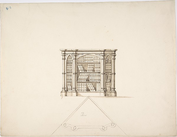 Anonymous, British, 19th century, Design for a Gothic Style Corner Book Cabinet: Elevation and Plan