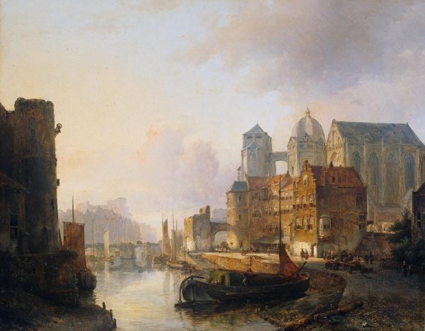 Kasparus Karsen, Imaginary View of a Riverside Town with Aachen Cathedral