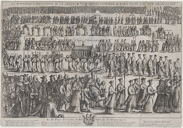 Nicolas Cochin, The procession of the casket of St. Genevieve, with clerics and laymen marching in six rows; in the foreground the Archbishop of Paris is carried in a chair, the Chasse in the row above him, and the monks of the monasteries of Paris lead the procession at top