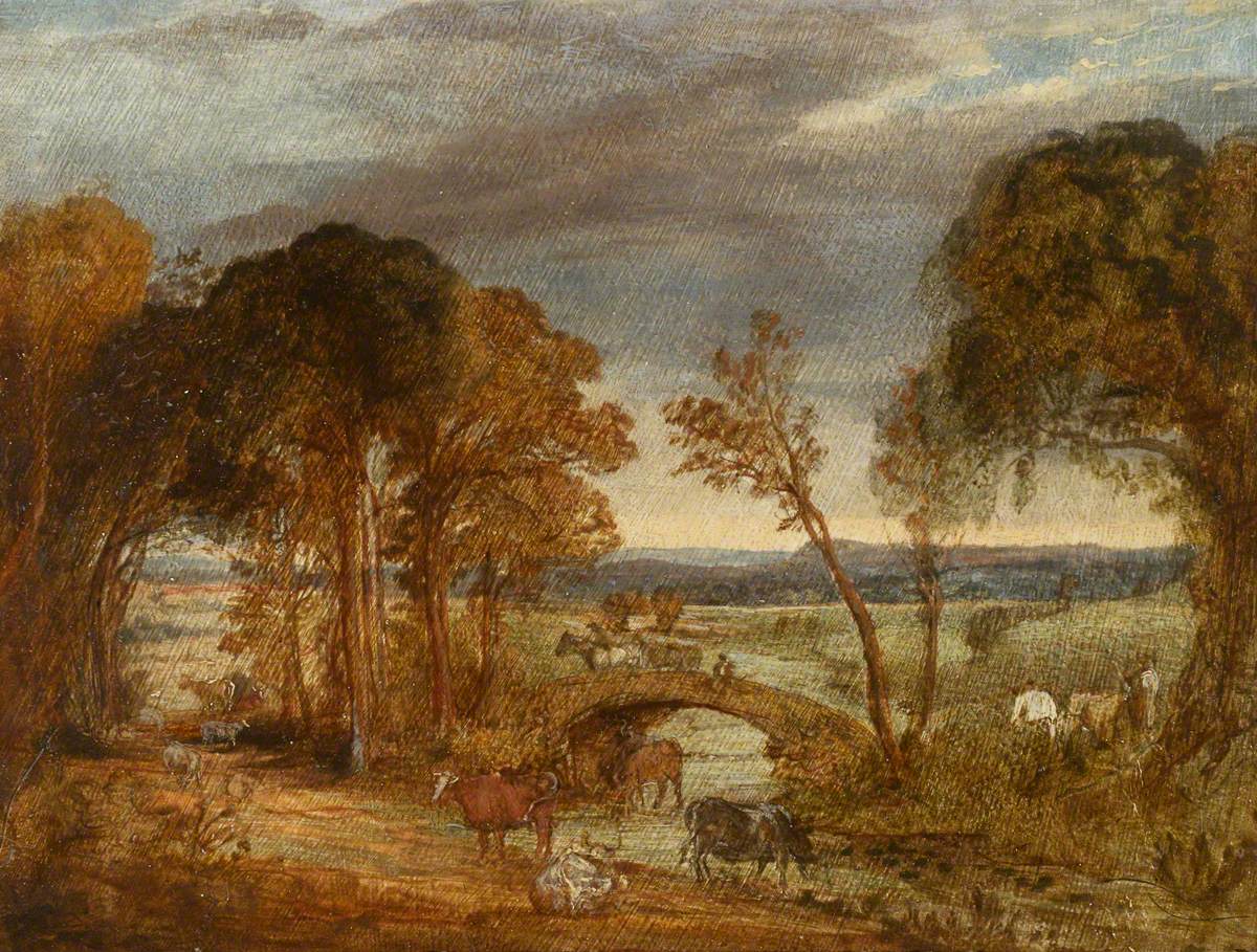 James Ward, River Landscape with Bridge, Figures and Cattle