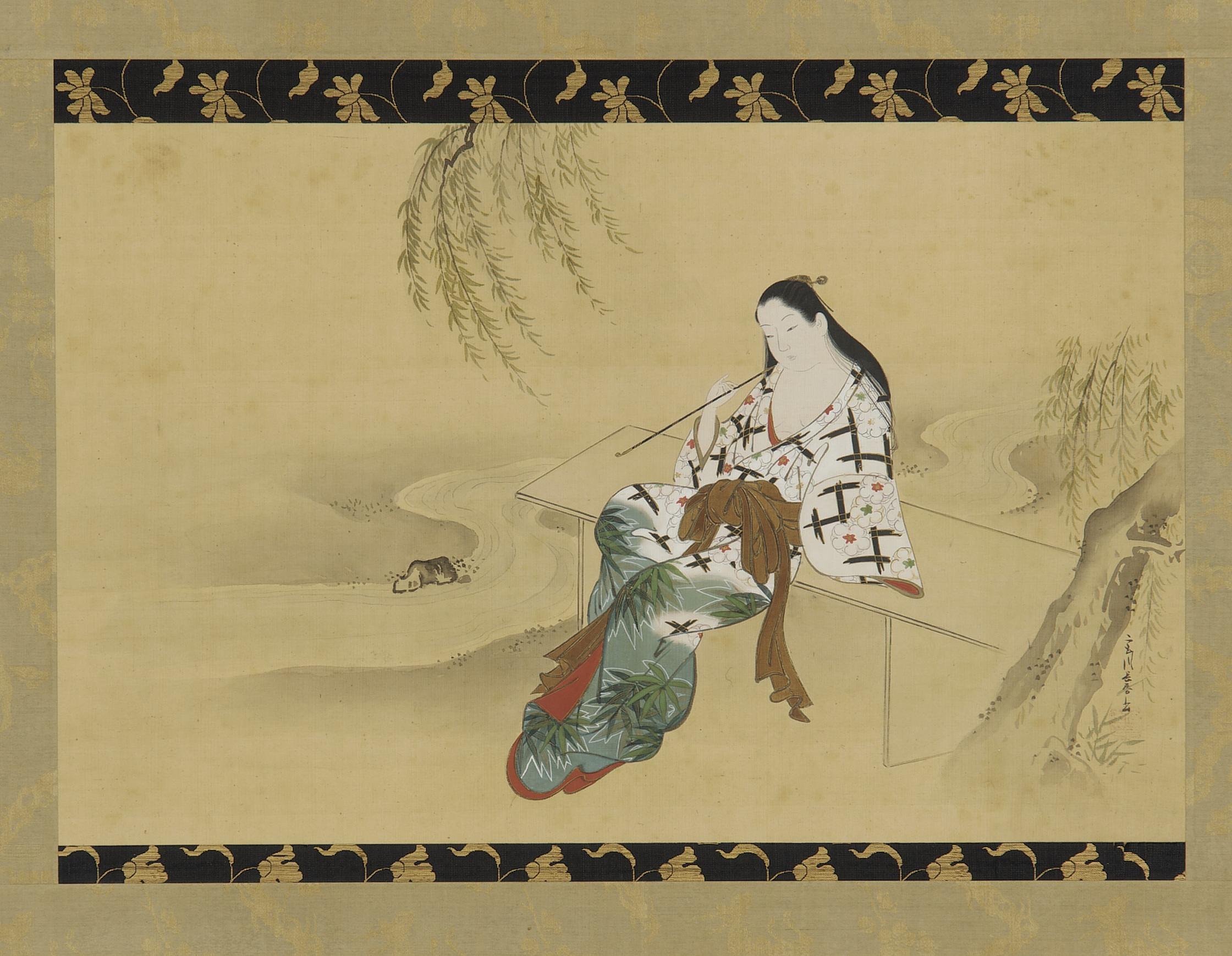 Miyagawa Choshun, Landscape: a yujo sitting on a bench