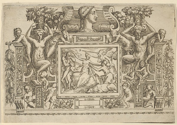 Battista Angolo del Moro, Woman seated with arms outstretched, personification of Fame with trumpet at right, set within an elaborate frame
