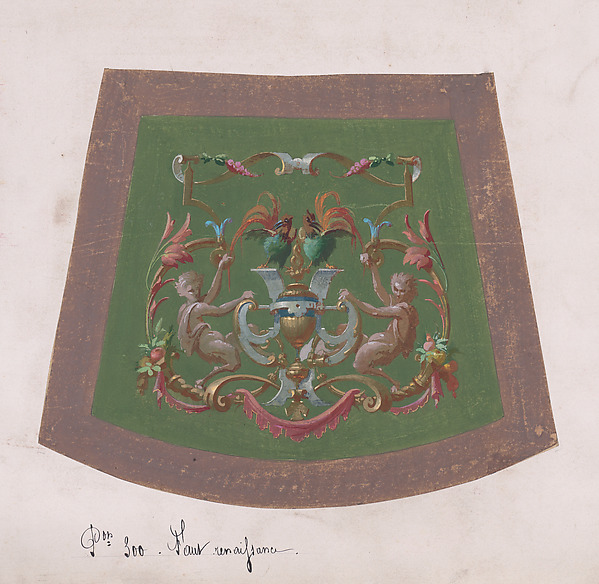 Anonymous, French, 19th century, Design for a Chair Seat Cover with a Classical-Inspired Vase with Two Handles, Two Exotic Birds and Two Half-Human Grotesque Figures Inside an Ornamental Frame with Two Cornucopias Holding Bundles of Leaves and Fruits and Decorated Scrolls of Leaves and Flowers