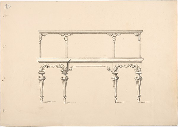 Anonymous, British, 19th century, Design for a Mirrored Sideboard with Diminishing Legs, Floral and Rocaille Ornament