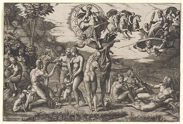 Marcantonio Raimondi, The Judgment of Paris: he is sitting at left with Venus, Juno and Pallas Athena, a winged victory above. In the upper section the Sun in his chariot preceeded by Castor and Pollux on horseback, at lower right two river gods and a naiad above whom Jupiter, an eagle, Ganymede, Diana and another godde…