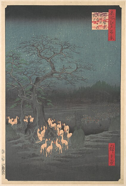 Utagawa Hiroshige, Shozokuenoki Tree at Oji: Fox–fires on New Years Eve