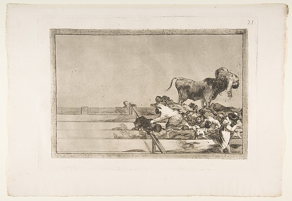 Goya (Francisco de Goya y Lucientes), Plate 21 from "La Tauromaquia": Dreadful events in the front rows of the ring at Madrid and death of the mayor of Torrejon