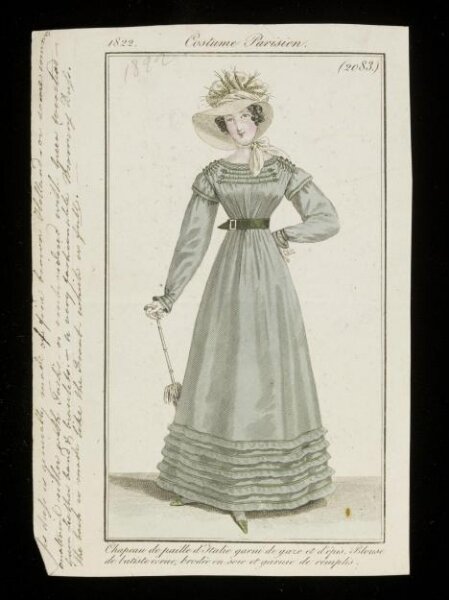 Unknown, Chapeau de paille d'Italie garni de gaze et d'épis. Blouse de batiste écrue, brodée en soie et garnie de remplis.