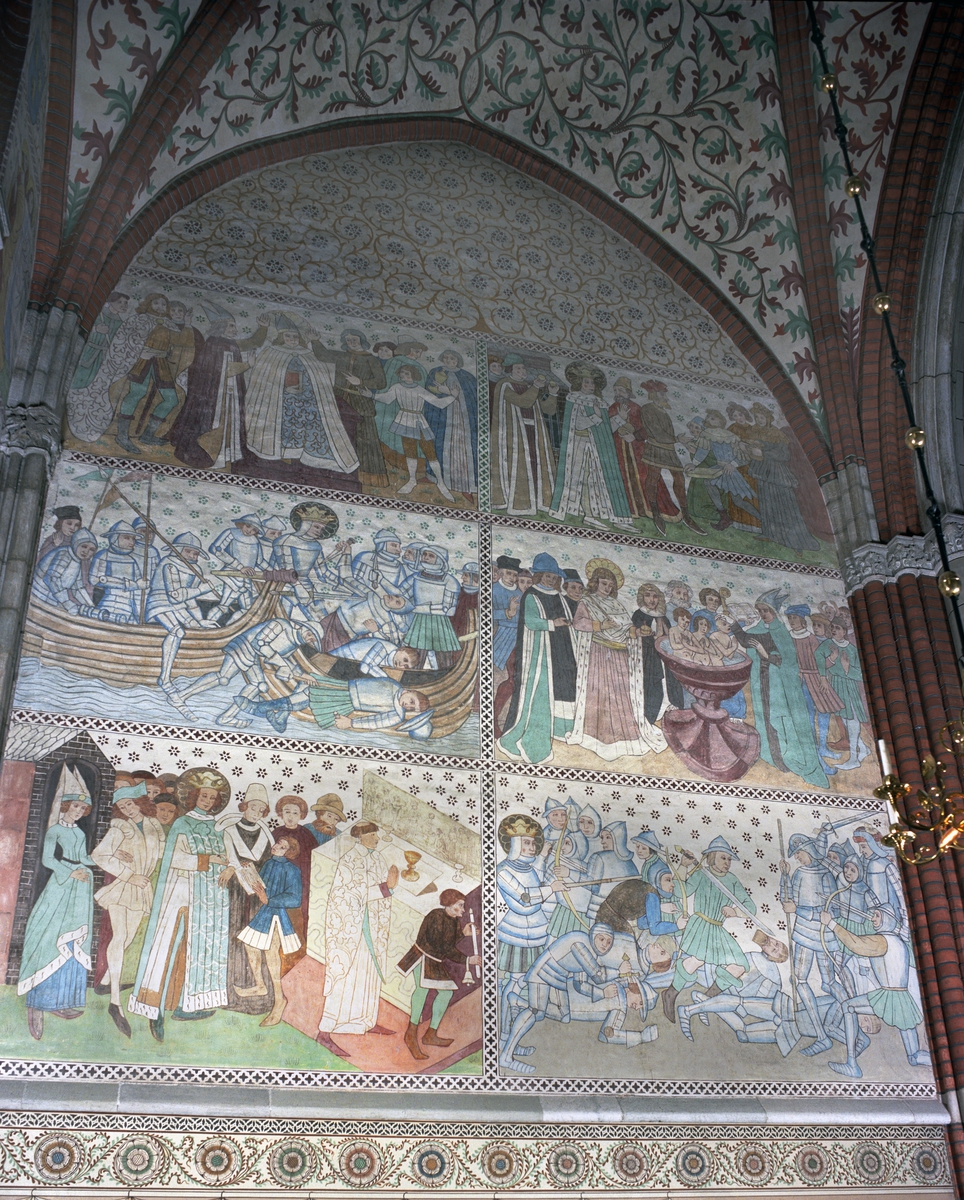 Olle Norling, Västra väggen i det De Geerska koret (travé 17). Hårt restaurerade scener ur Erikslegenden, troligen utförda omkring 1480 av Albertus Pictor, Uppsala domkyrka, Uppsala 2008