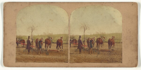 Unknown, [Two men in field with an agricultural machine hooked up to a team of horses]
