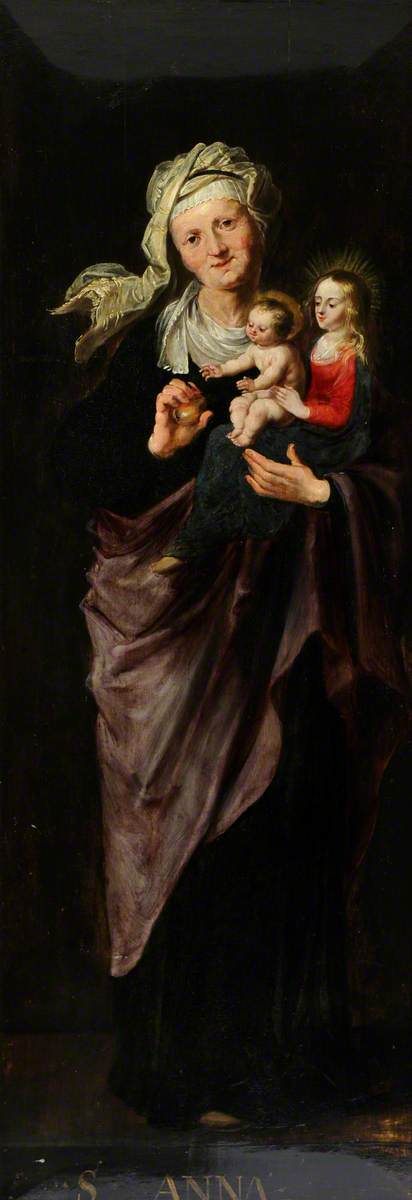 Unknown artist, Part of Diptych (right): Saint Anne holding the Virgin as a Girl and the Christ Child and an Apple (recto); Five Female Donor Figures, dressed in Black with White Cuffs praying (verso)