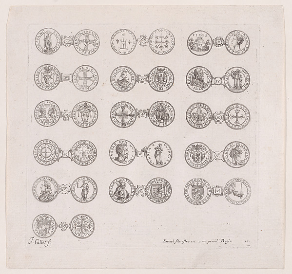 Jacques Callot, Plate 10, Featuring 16 Coins Issued by European Princes in the 16th and 17th centuries, from "Les Monnaies" (The Currencies)