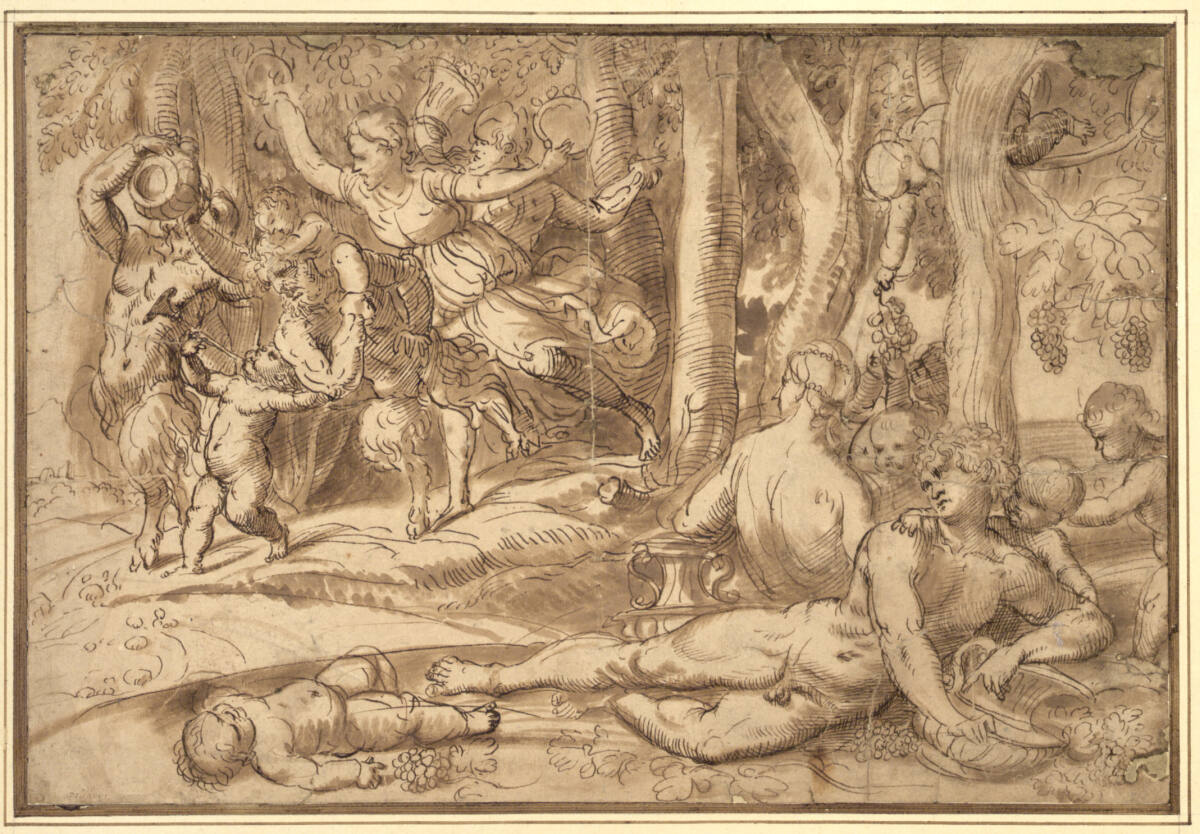 Anonym, Lagernde Liebespaare und schwärmende Bacchen, Satyrn und Putten in einer Baumlandschaft