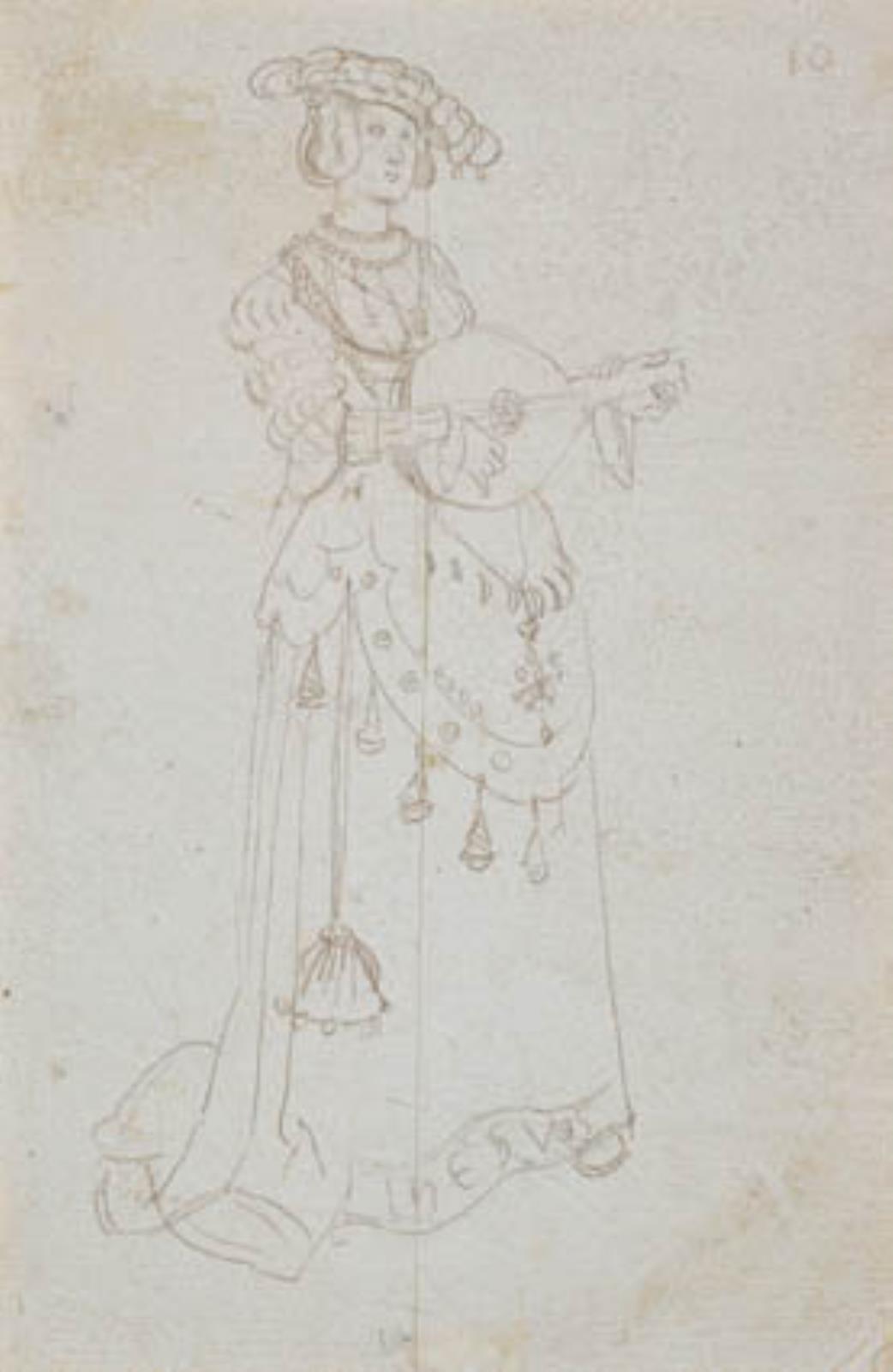 Hans Baldung Grien, Fornemt klædt, lutspillende dame i trekvartprofil mod højre. F.n. på kjolens lining står "IhESVoS"