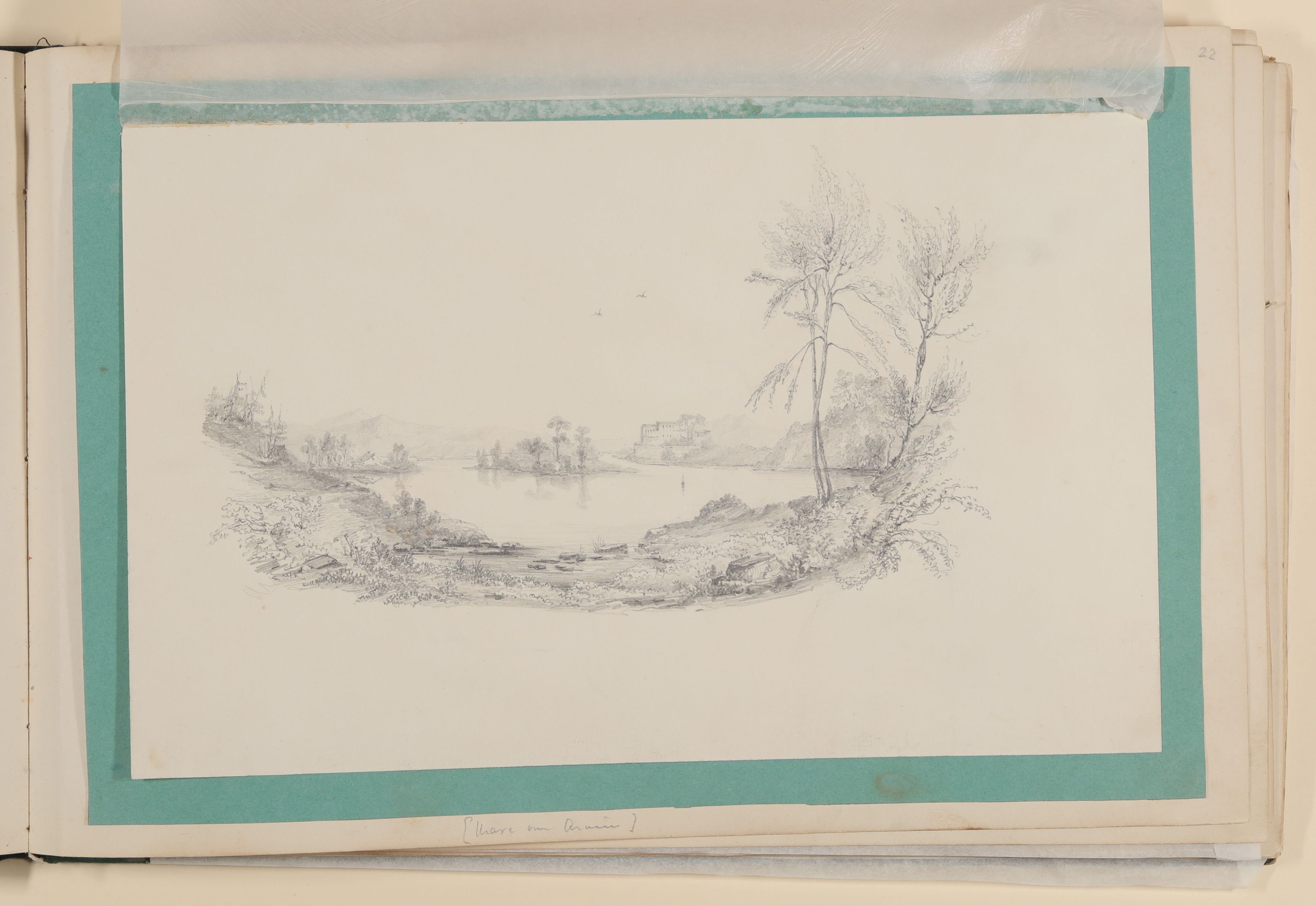 Maximiliane von Arnim, Seelandschaft mit Insel, Hütte und Schloss [aus einem Album aus dem Besitz der Bettine-Töchter]