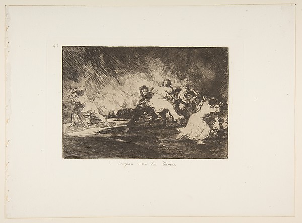 Goya (Francisco de Goya y Lucientes), Plate 41 from "The Disasters of War" (Los Desastres de La Guerra): 'They escape through the flames' (Escapan entre las llamas)
