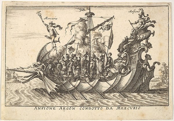 Anonymous, Plate 2: The Argonaut Amphion led by Mercury (Anfione Argon. condotto da Mercurio), from "The magnificent pageant on the river Arno in Florence for the marriage of the Grand Duke" (Le Magnifique carousel fait sur le fleuve de l'Arne a Florence, pour le mariage du Grand Duc)