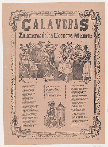 José Guadalupe Posada, Skeletons (calaveras) dancing and drinking, relating to the coquettish waitress, corrido in bottom section