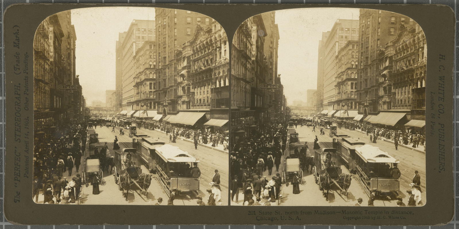 Desconegut, State St.north from Madison, Masonic Temple in distance, Chicago, USA White, H.C. & Co., The "Perfec" Stereograph
