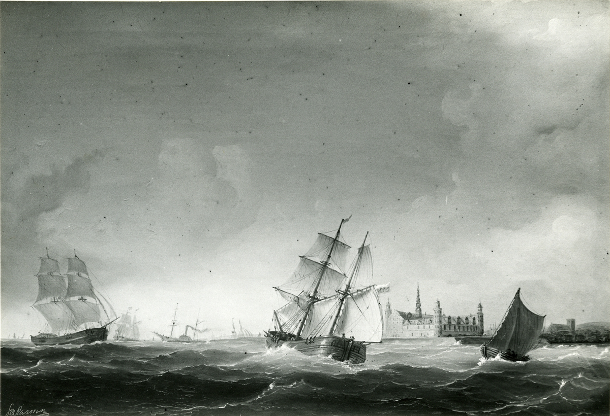 Okänd fotograf, Vy av Öresund. Oljemålning 1850. Storlek 50 x 72 cm.