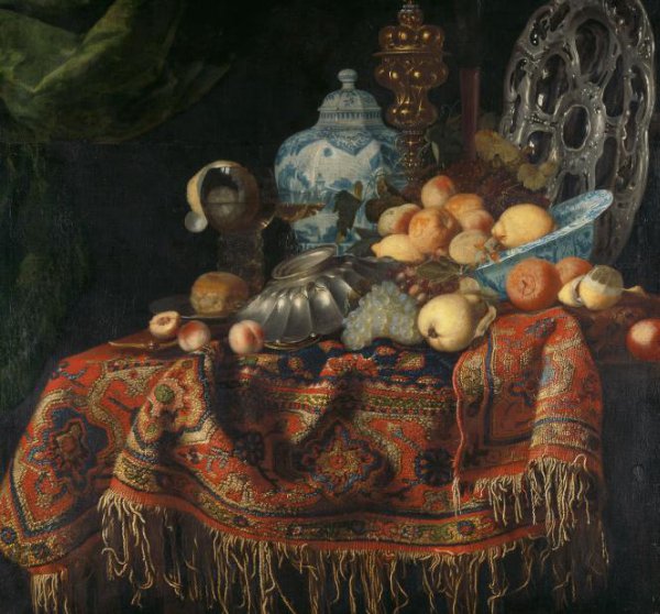 Simon Luttichuys, Still Life with Fruit, Plates and Dishes on a Turkey Carpet