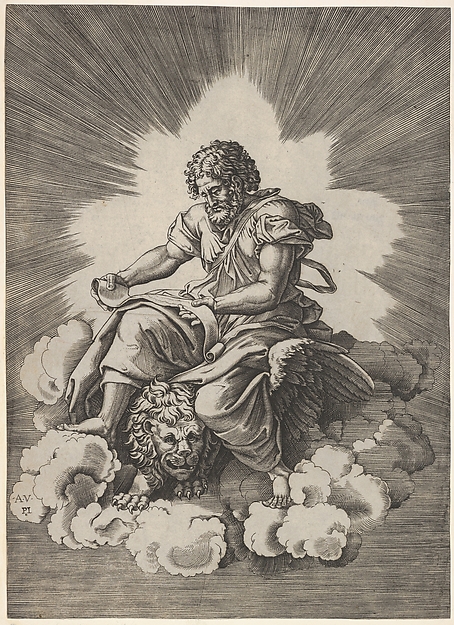 Anonymous, Italian, 16th century, St. Mark, seated with an unfurled scroll in his hands, a winged lion's head and forefeet emerge beneath his robes, from a series of the four evangelists after Agostino Veneziano, which are in turn after Giulio Romano