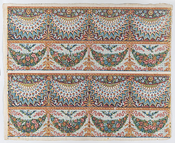 Anonymous, Sheet with a two borders with four hanging draperies,multicolor festoons, and birds