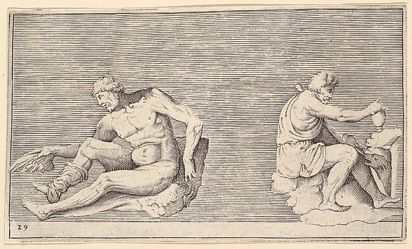 Anonymous, Italian, 16th century, Man with Wing; Man with Vase and Dog, from "Ex Antiquis Cameorum et Gemmae Delineata/ Liber Secundus/et ab Enea Vico Parmen Incis"