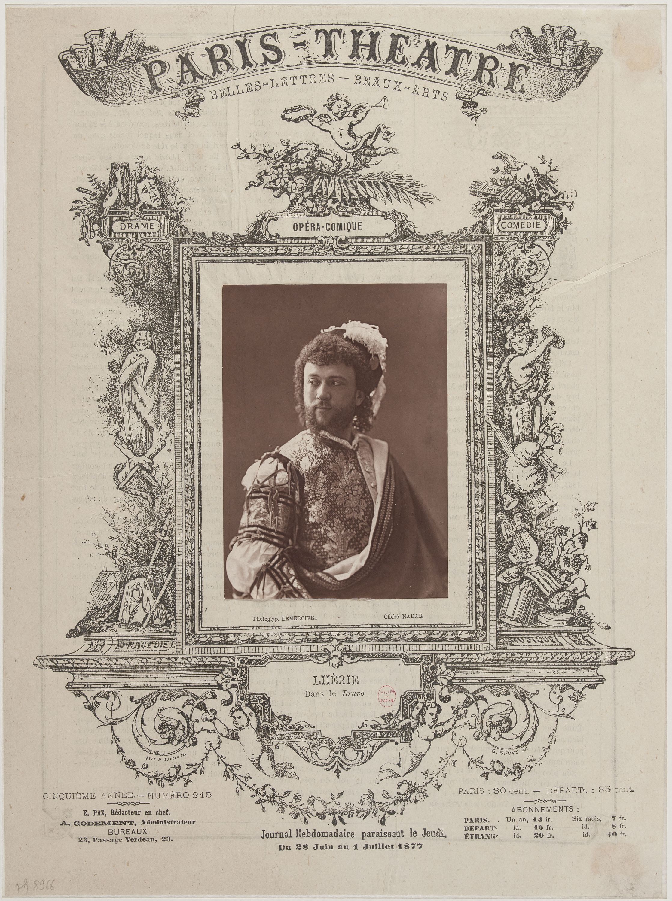 Nadar, Portrait de Victor Lherie, comédien (1808-1845) à la une du journal "Paris-Théâtre", du 28 juin au 4 juillet 1877.
