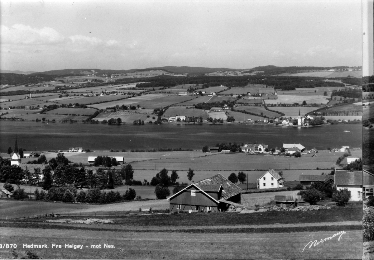 Anno Domkirkeodden, Utsikt fra Helgøya mot Nes. Postkort med teksten "Hedmark, fra Helgøy - mot Nes. Sinnerud i forgrunnen.