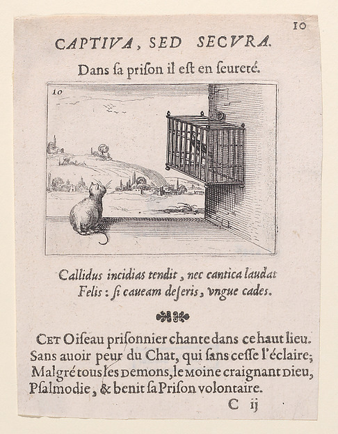 Jacques Callot, Le Chat Guettant L'Oiseau en Cage (The Cat Watching the Bird in the Cage), plate 10 from "Lux Claustri ou La Lumière du Cloitre" (The Light of the Cloisters)